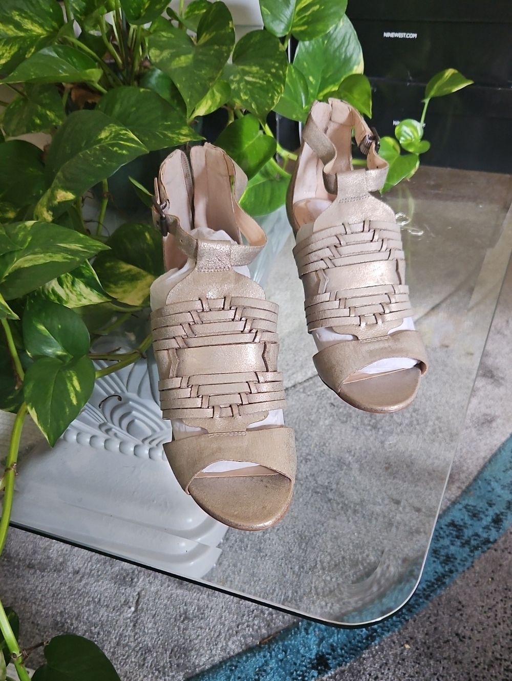 Vince Camuto Metallic Beige Woven Peep-Toe Heels